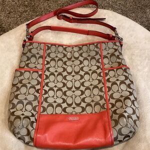 Coach Park Signature Hobo Shoulder Bag with Orange-Red Leather Trim